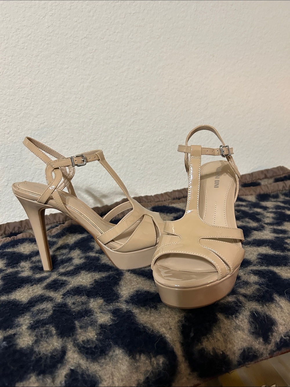 Gianni Bini Nude Patent Platform T-Strap Heels